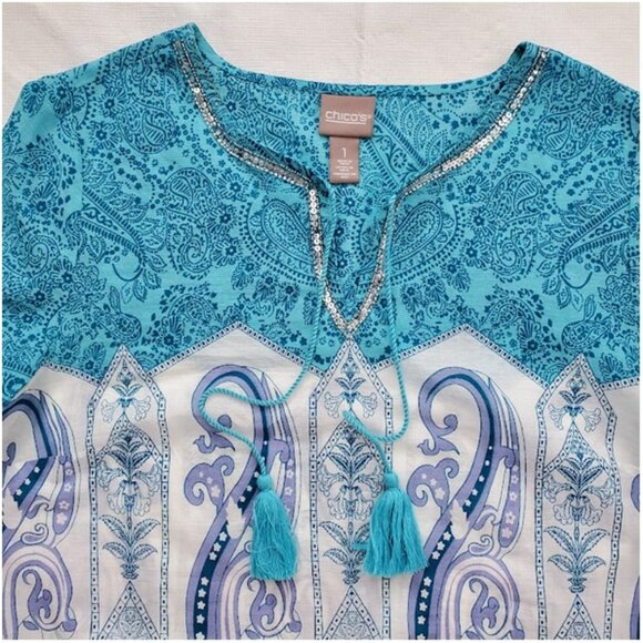 Chicos Lightweight Turquoise 3/4 Sleeve Boho Print Tunic Top Tassels Size M - Picture 3 of 9